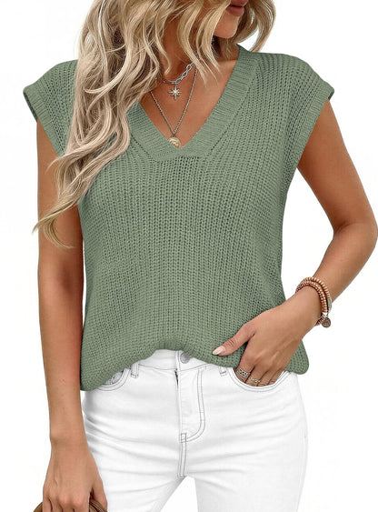 V Neck Knit Sweater Vest Sleeveless Loose Summer Top