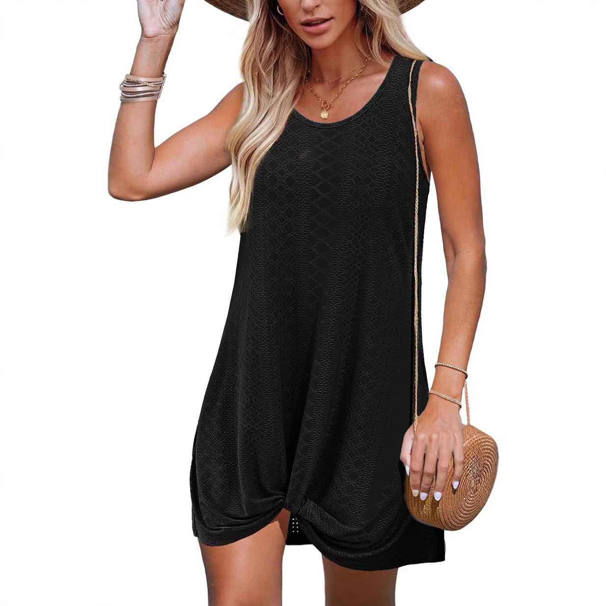 Summer Hollow Out Vacation Tank Dress with Knot Detail