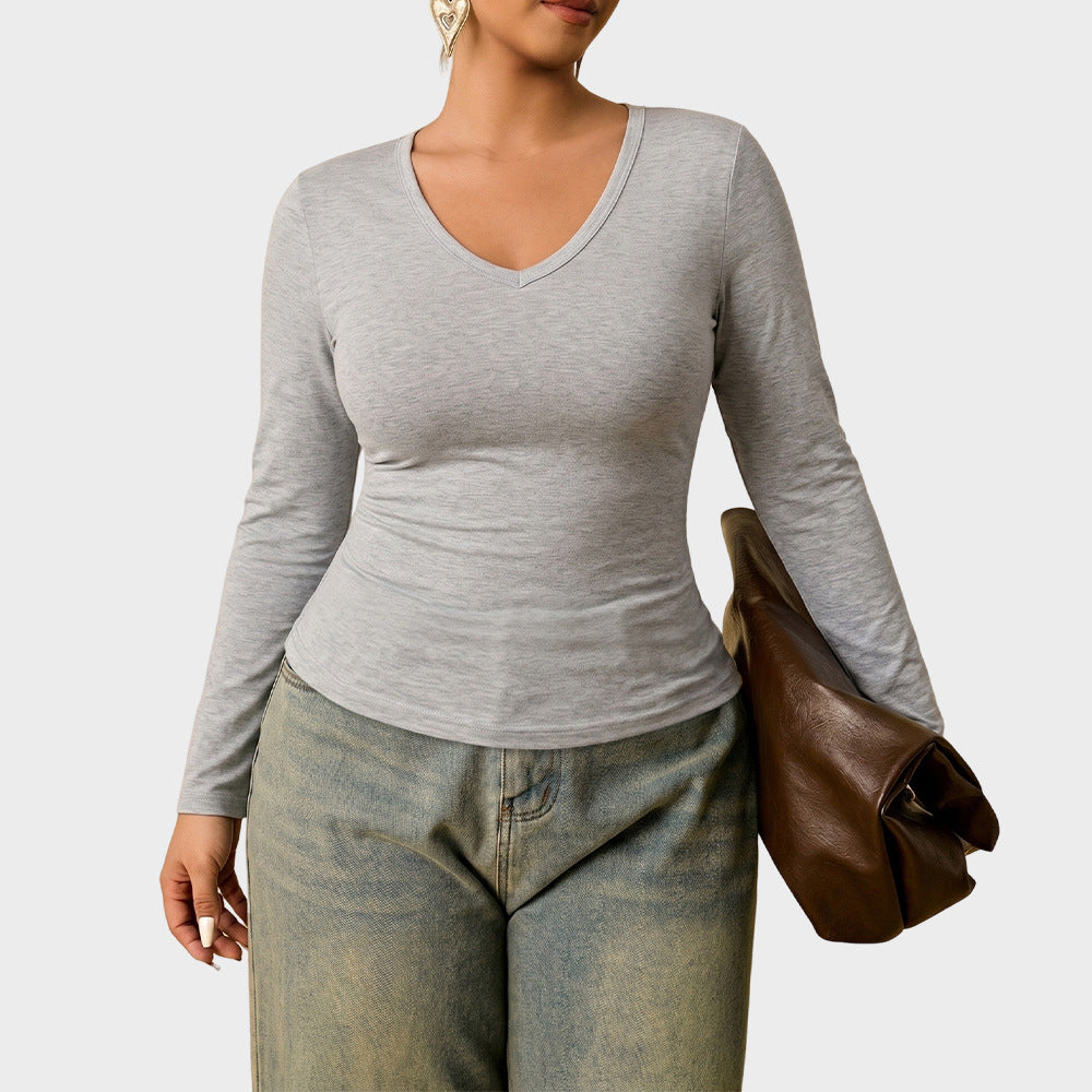 Plus Size V Neck Long Sleeve Fitted T Shirt