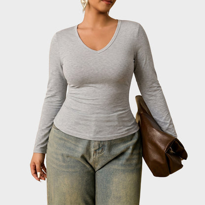 Plus Size V Neck Long Sleeve Fitted T Shirt