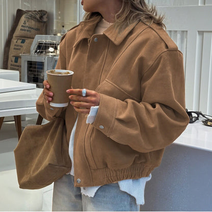 Women's Oversized Suede Cropped Jacket Zip Up Collared