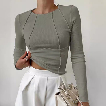 Women's Ribbed Long Sleeve Crop Top with Contour Seams