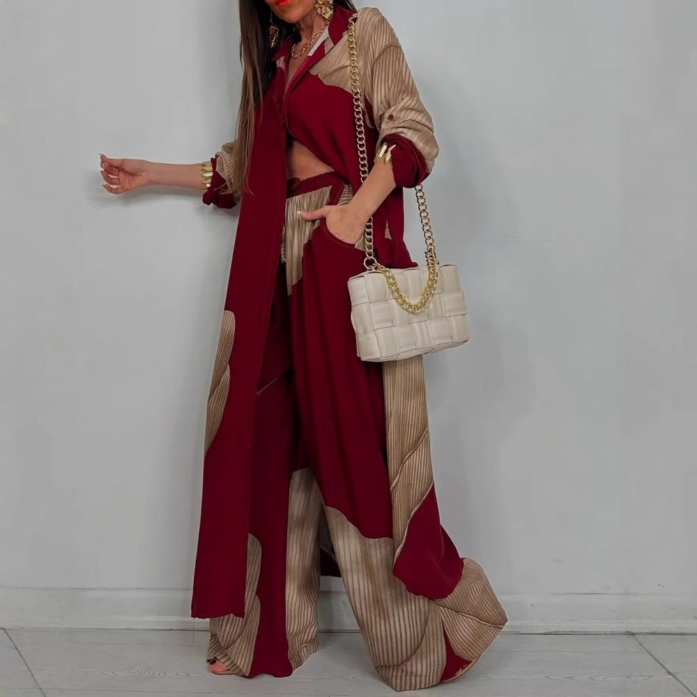 Color Block Shirt Wide Leg Pants Two Piece Set