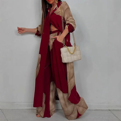 Color Block Shirt Wide Leg Pants Two Piece Set