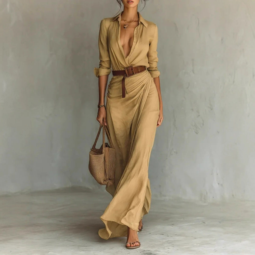 Elegant Ruched Belted Long Sleeve Asymmetric Maxi Dress