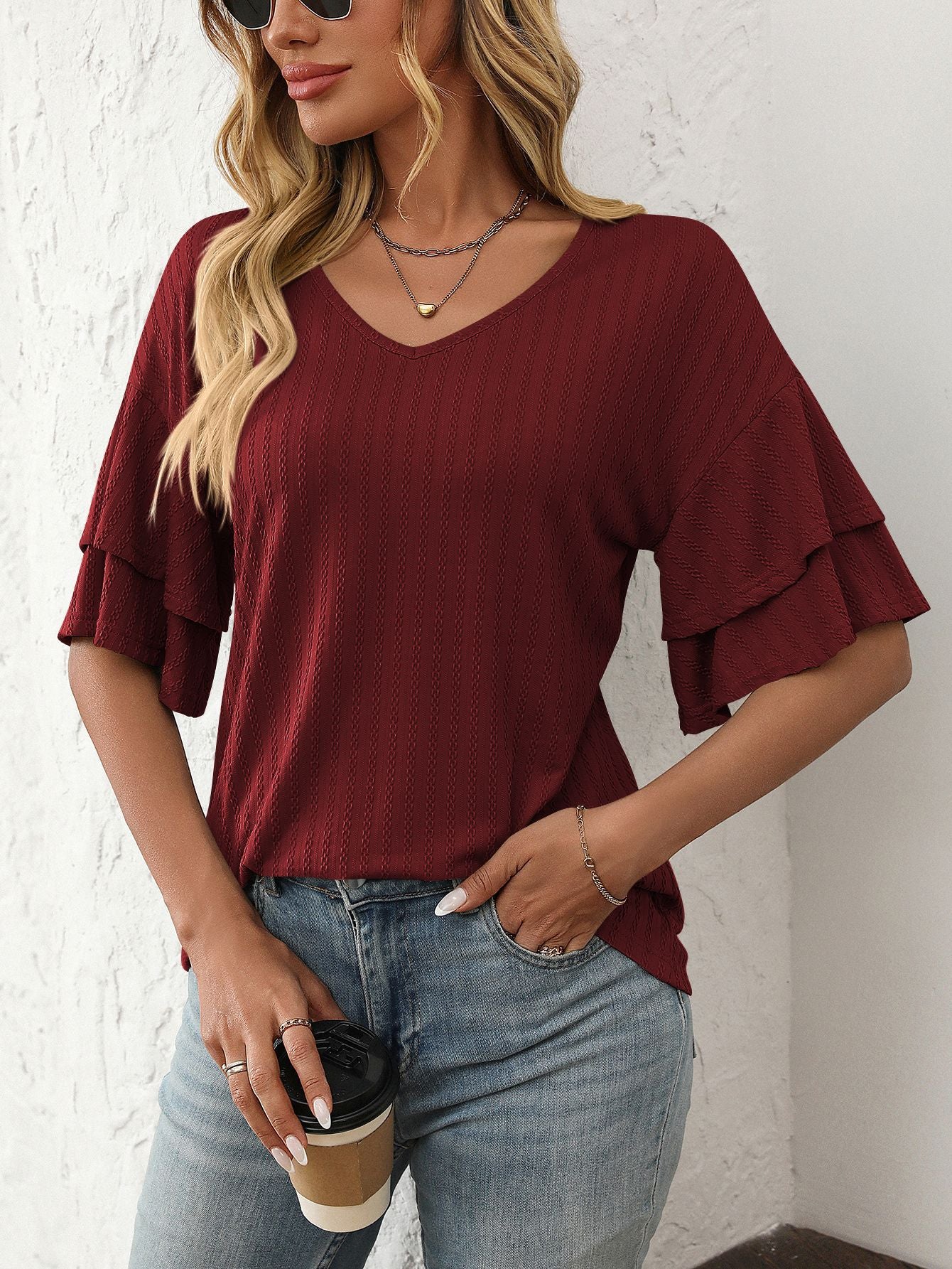V-Neck Lotus Leaf Sleeve Women’s T-Shirt Top