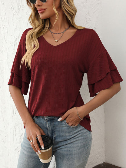 V-Neck Lotus Leaf Sleeve Women’s T-Shirt Top