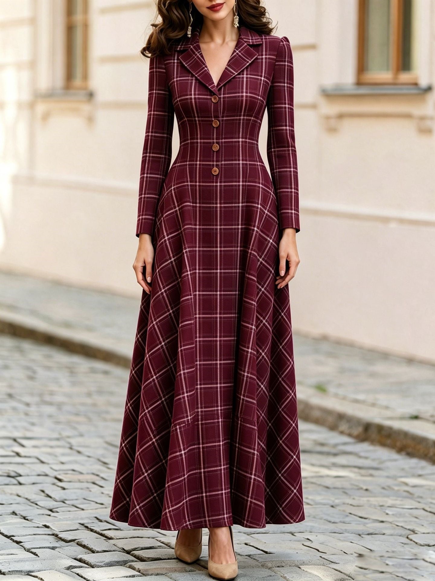 Elegant Plaid Blazer Dress Maxi Long Sleeve Button Front