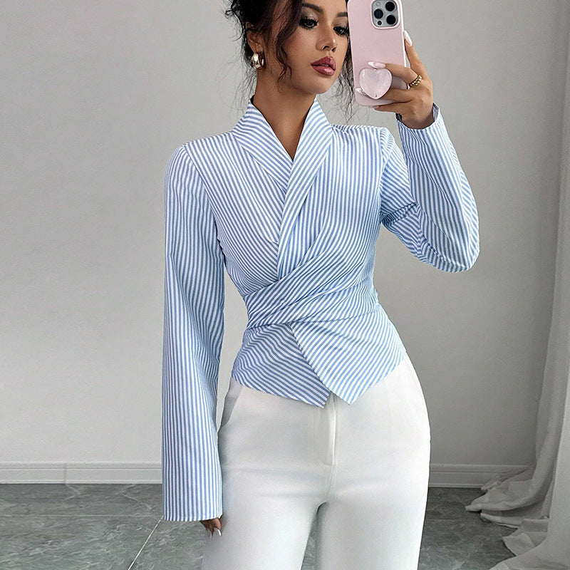 Womens Striped Wrap Blouse Long Sleeve Tie Front Top