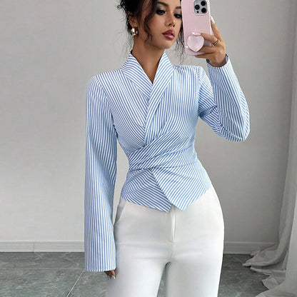 Womens Striped Wrap Blouse Long Sleeve Tie Front Top