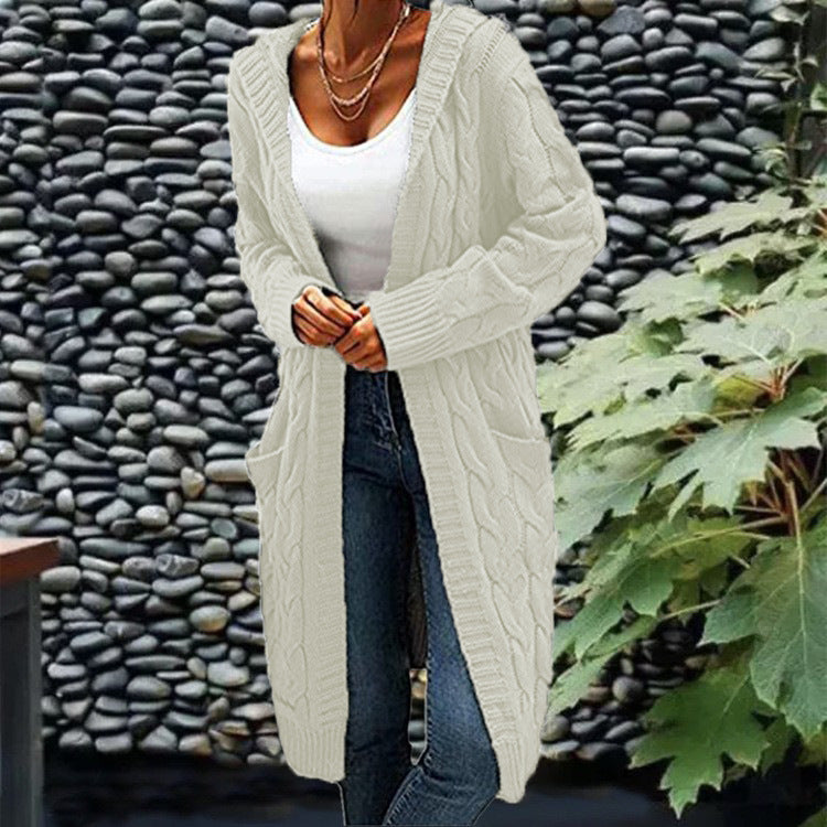Women's Hooded Cable Knit Long Cardigan Open Front