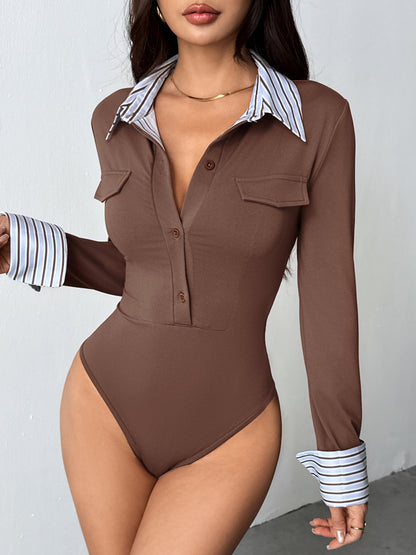 Contrast Stripe Collar Slim Fit Button Front Bodysuit