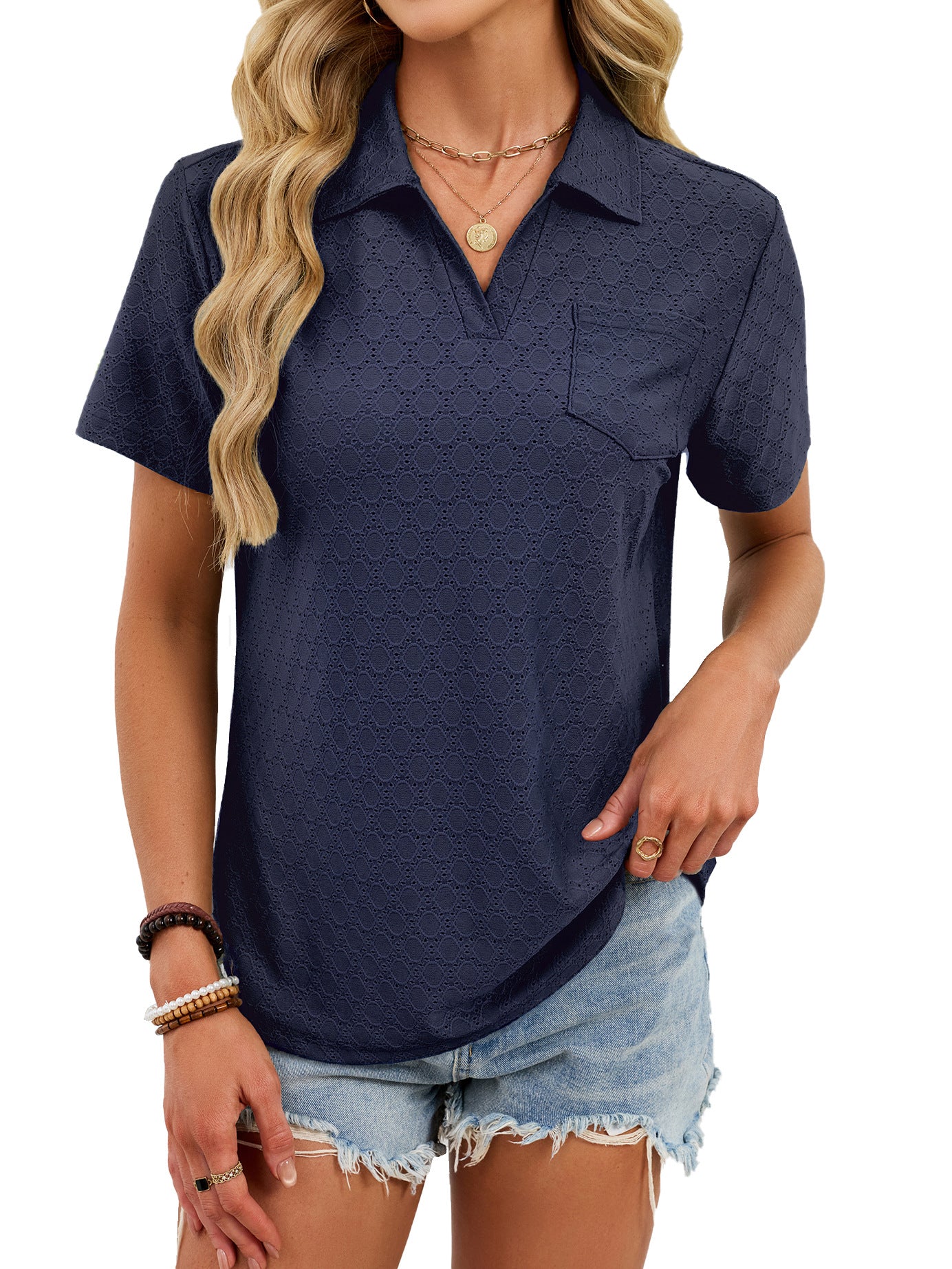V Neck Polo Shirt Textured Knit Pocket Casual Top