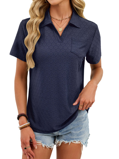 V Neck Polo Shirt Textured Knit Pocket Casual Top