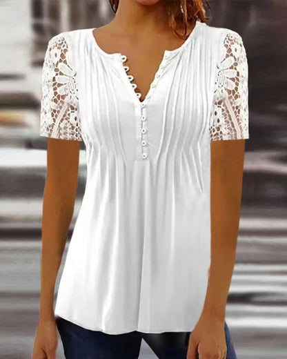 Women's Lace Sleeve Pleated V-Neck Blouse