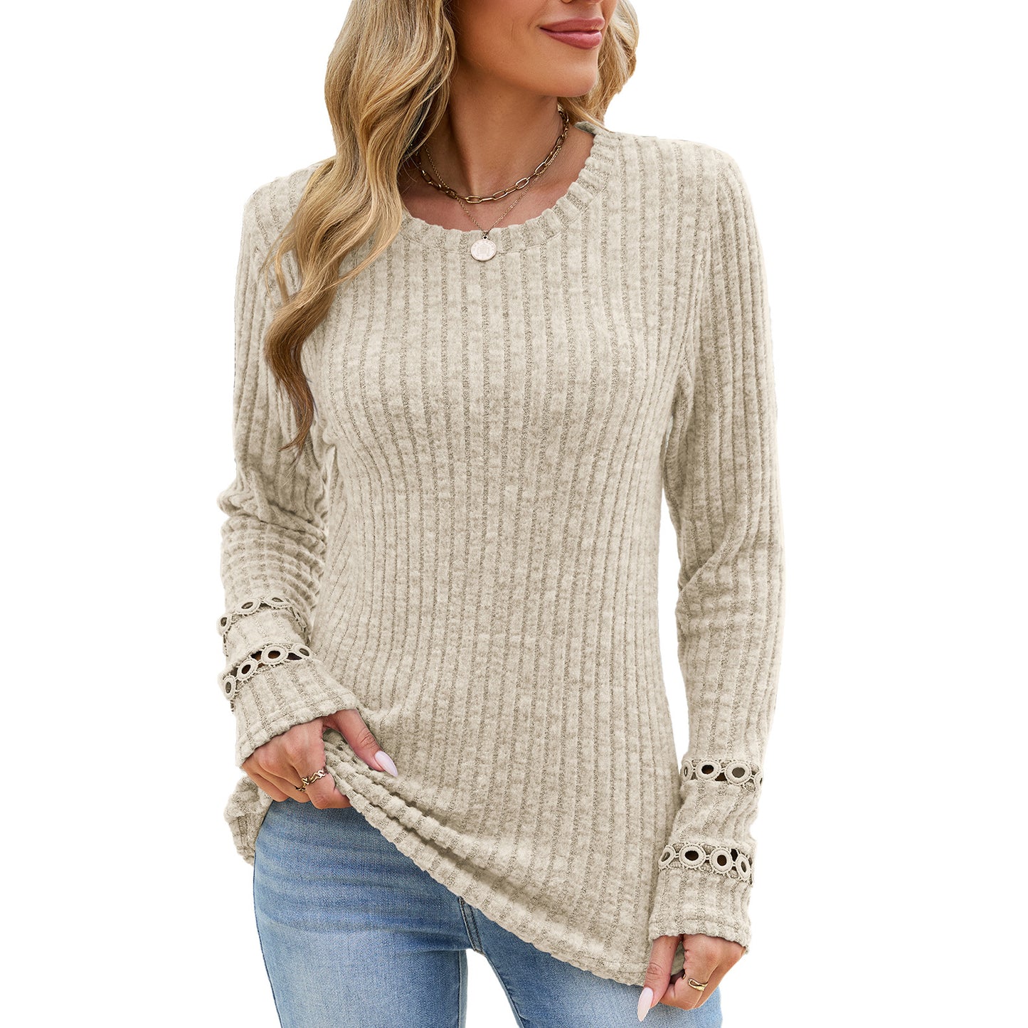 Women's Lace Cuff Waffle Knit Long Sleeve Tunic