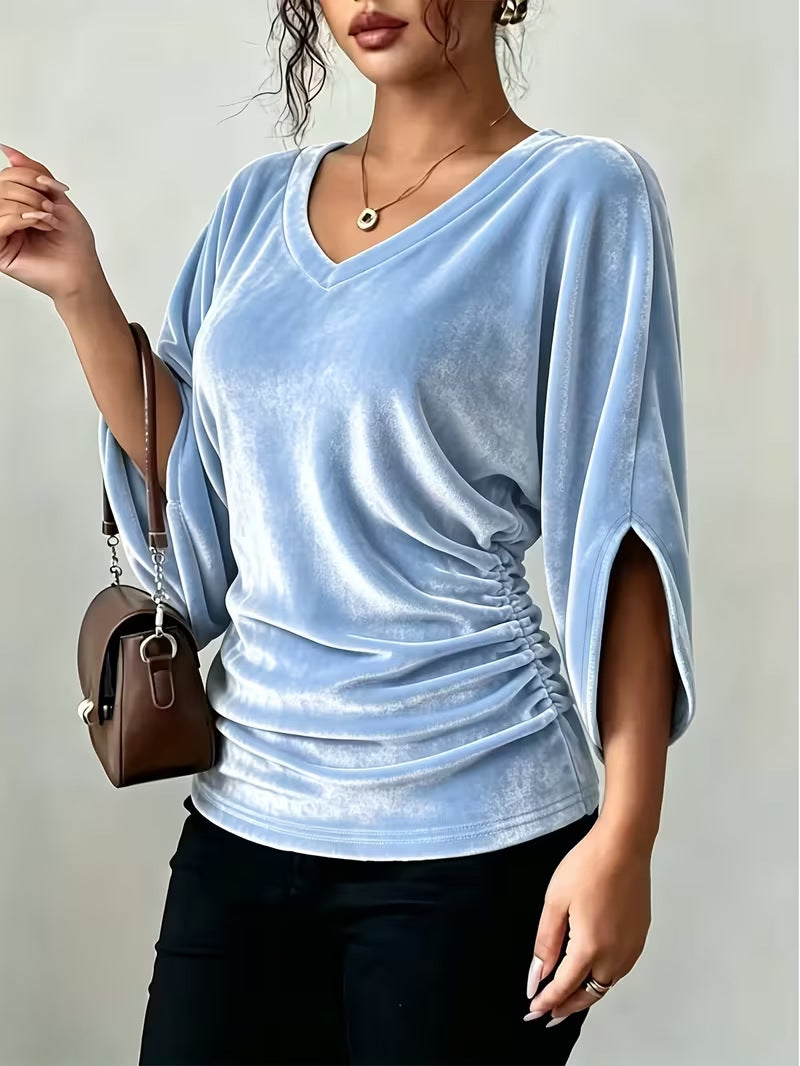 Women's Velvet V Neck Batwing 3/4 Sleeve Ruched Top