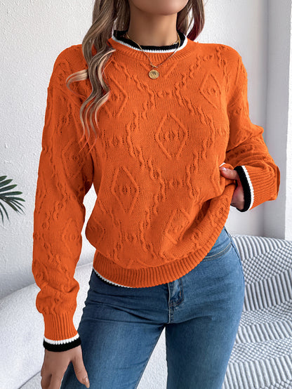 Cable Knit Balloon Sleeve Contrast Trim Sweater