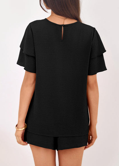 Solid Lounge Set Ruffle Sleeve Top Shorts 2 Piece Set