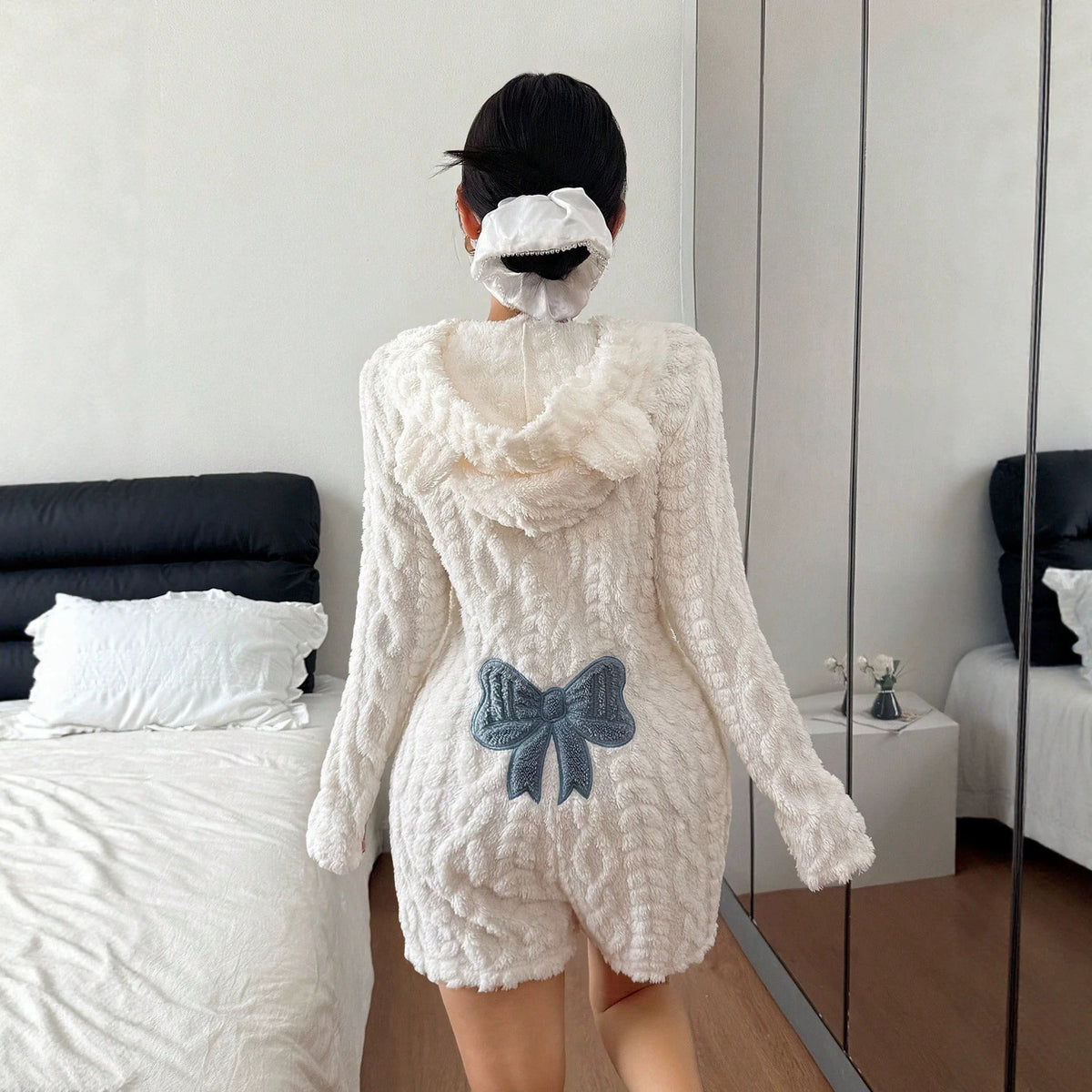 Women's Fuzzy Hooded Sherpa Romper with Bow Back