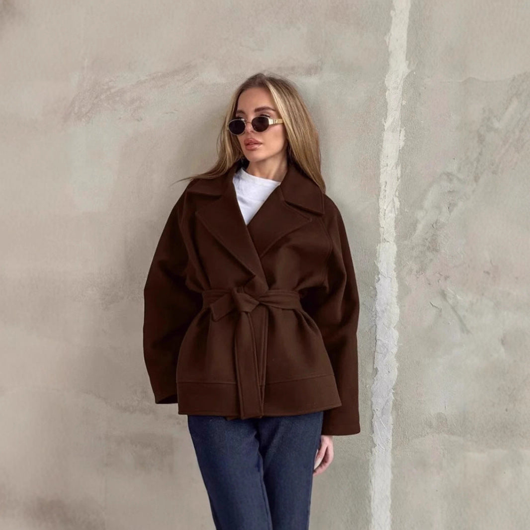 Women's Belted Wool Blend Lapel Mid-Length Coat