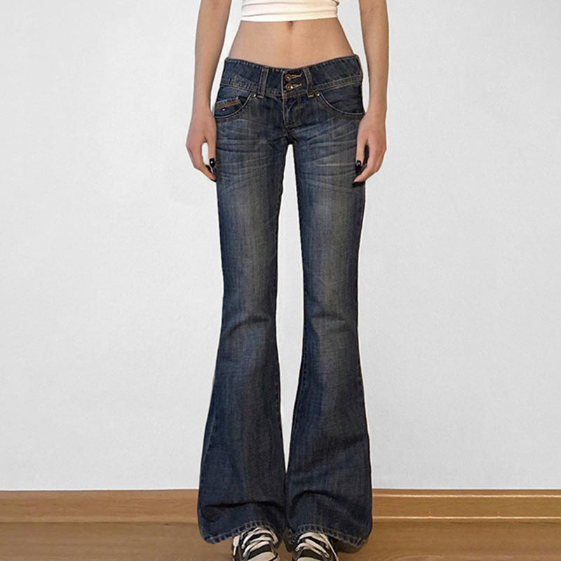 Women's Y2K Low Rise Cargo Flare Jeans Vintage Wash