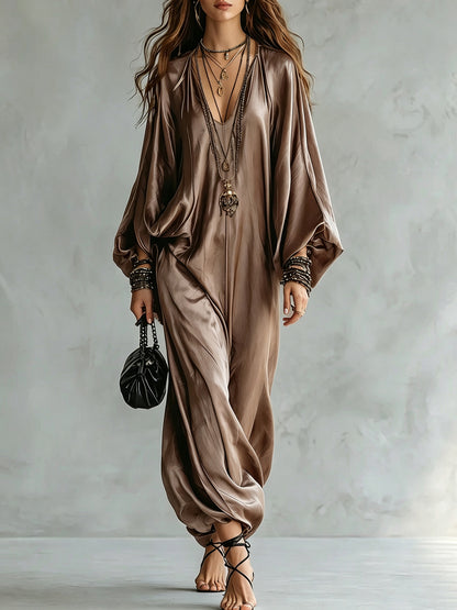 Women's Satin Wide Leg Jumpsuit V-Neck Batwing Plus Size