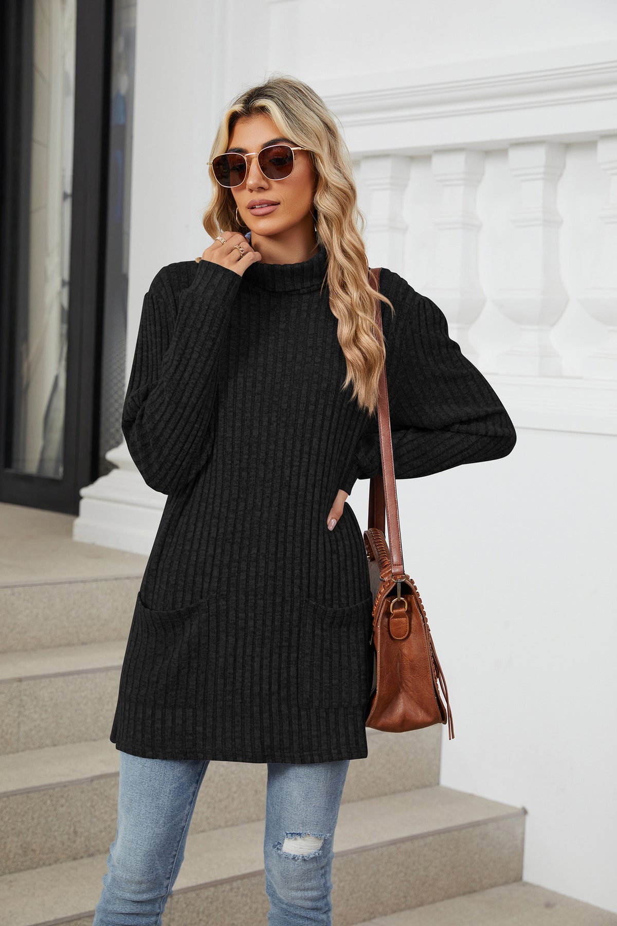Women's Oversized Ribbed Mock Neck Tunic with Pockets
