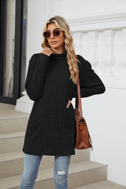 Women's Oversized Ribbed Mock Neck Tunic with Pockets