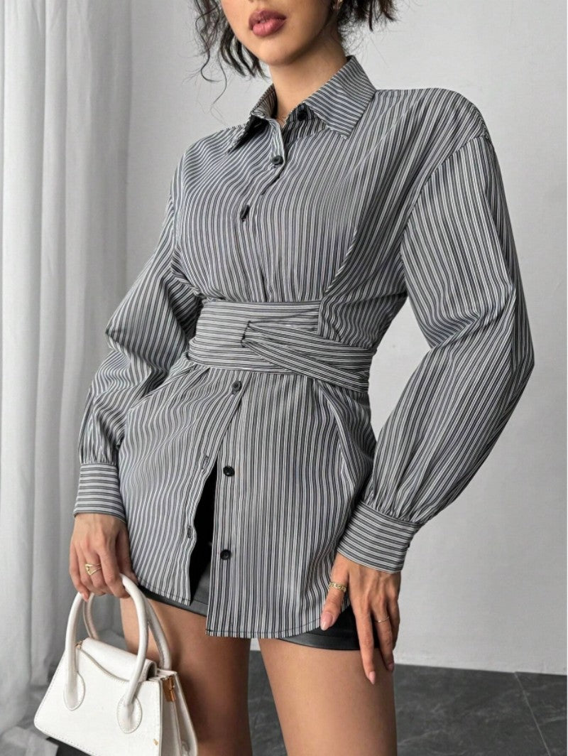 Women's Striped Tie Waist Long Sleeve Button Down Shirt