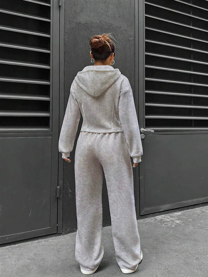 Fitted Zip Hoodie Wide Leg Sweatpants Two Piece Set