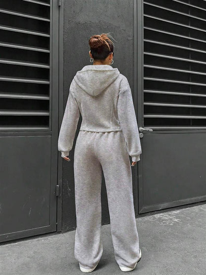 Fitted Zip Hoodie Wide Leg Sweatpants Two Piece Set