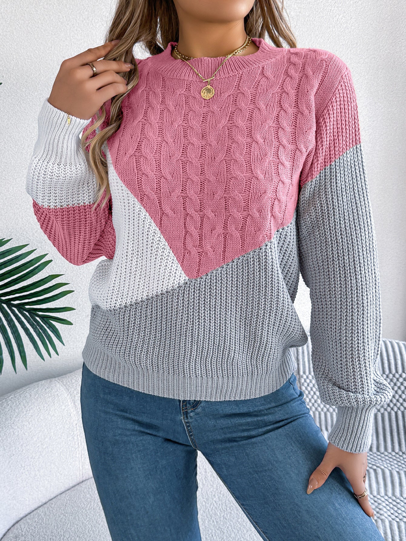 Colorblock Cable Knit Sweater – Casual Fall Winter Pullover