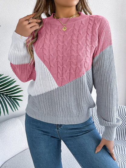 Colorblock Cable Knit Sweater – Casual Fall Winter Pullover