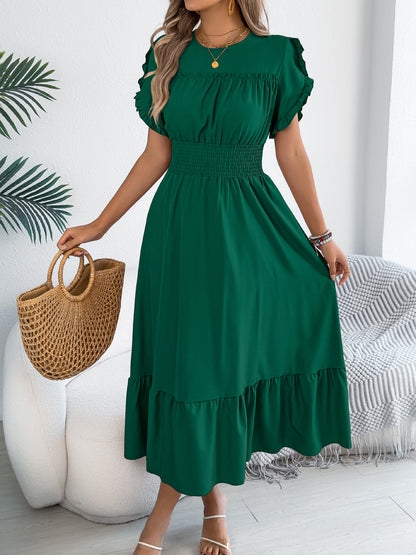 Ruffle Sleeve Smocked Waist Maxi Dress Casual Flowy