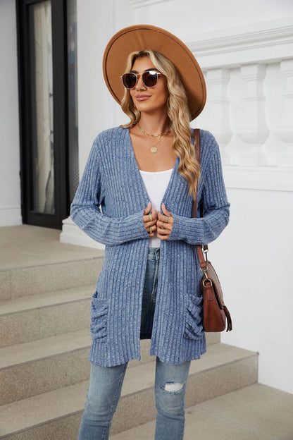 Simple Pocketed Long Sleeve Cardigan Knit Top