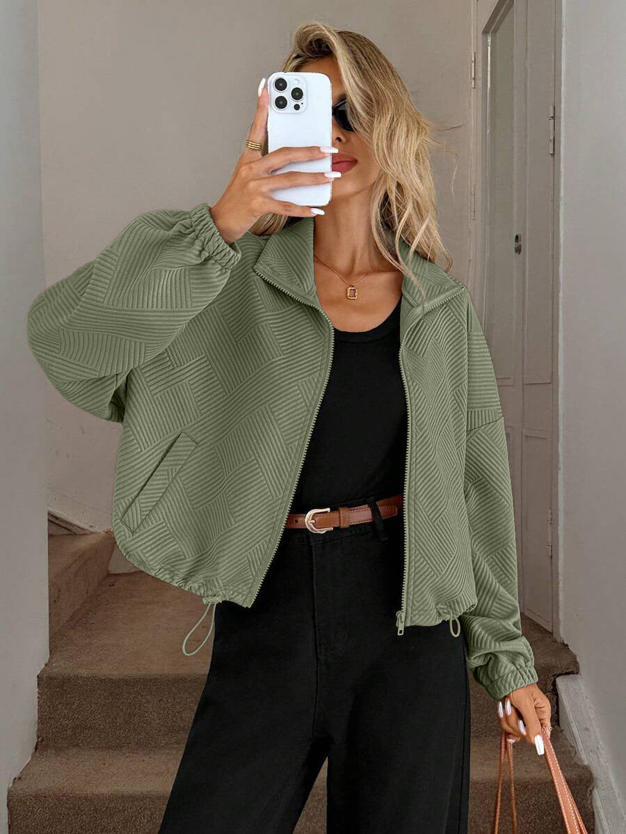 Textured Zip Up Bomber Jacket Drawstring Hem Casual Coat