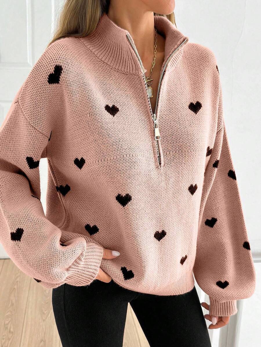 Women’s Heart Print Half Zip Wool Knit Sweater