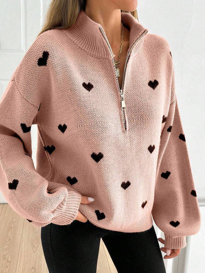 Women’s Heart Print Half Zip Wool Knit Sweater