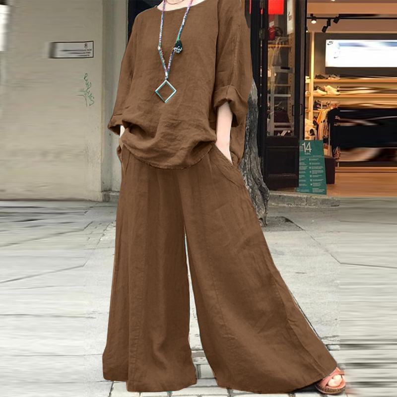 Women's Cotton Linen 2 Piece Set Shirt Wide Leg Pants