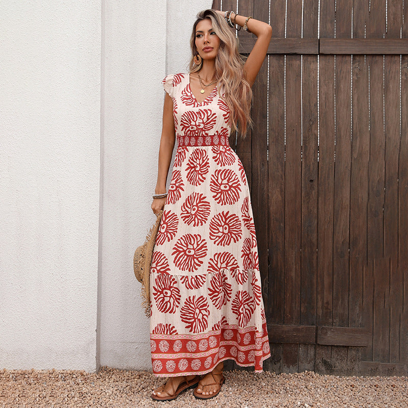 Boho Leaf Print V Neck Flutter Sleeve Maxi Dress Resort