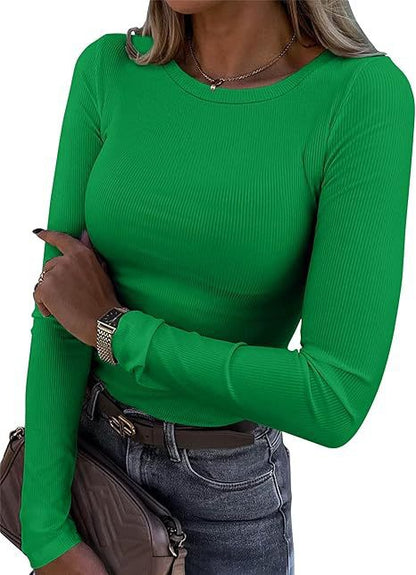 Women's Ribbed Long Sleeve Crew Neck Fitted Tee