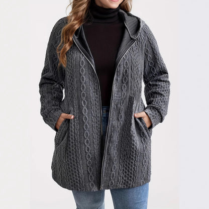 Plus Size Hooded Cable Knit Zip Jacket Pockets