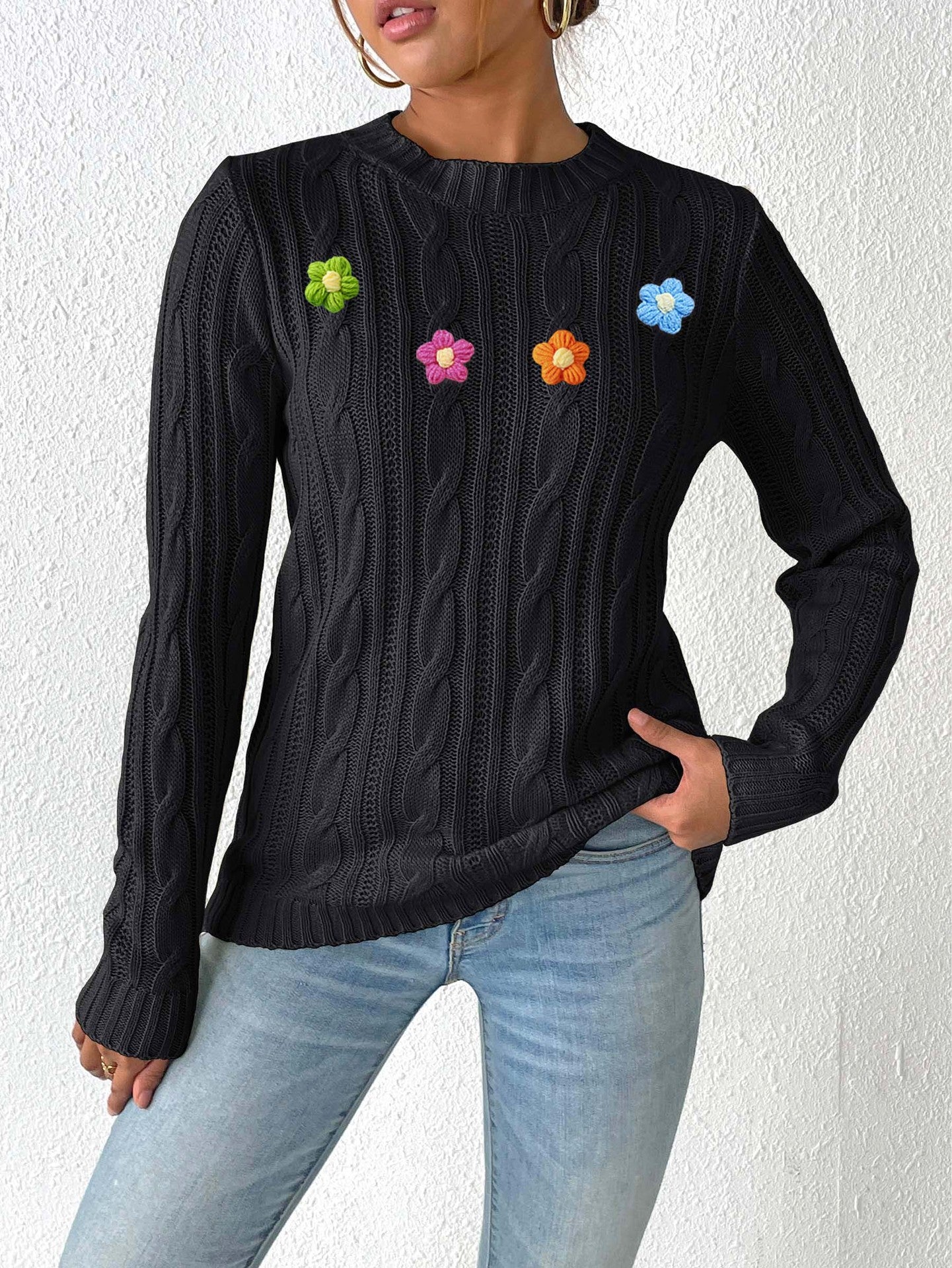 Crochet Flower Cable Knit Sweater | Cozy Fall/Winter Top