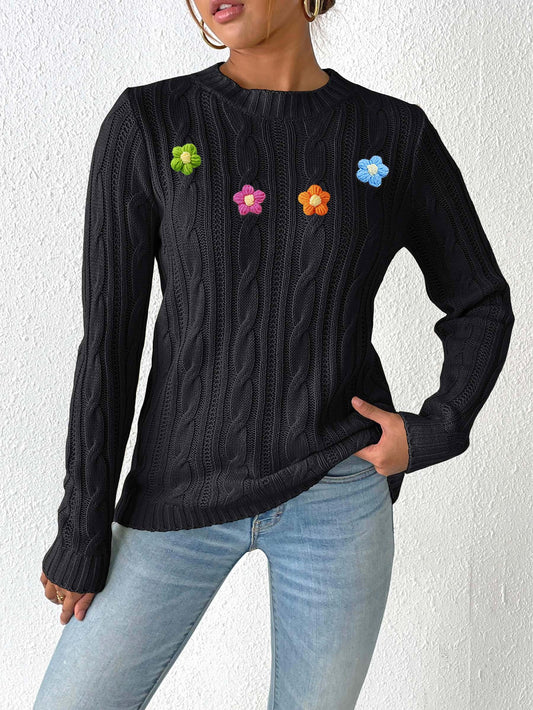 Crochet Flower Cable Knit Sweater | Cozy Fall/Winter Top