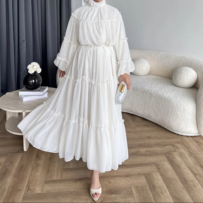 Long Puff Sleeve Tiered Maxi Dress Tie Waist