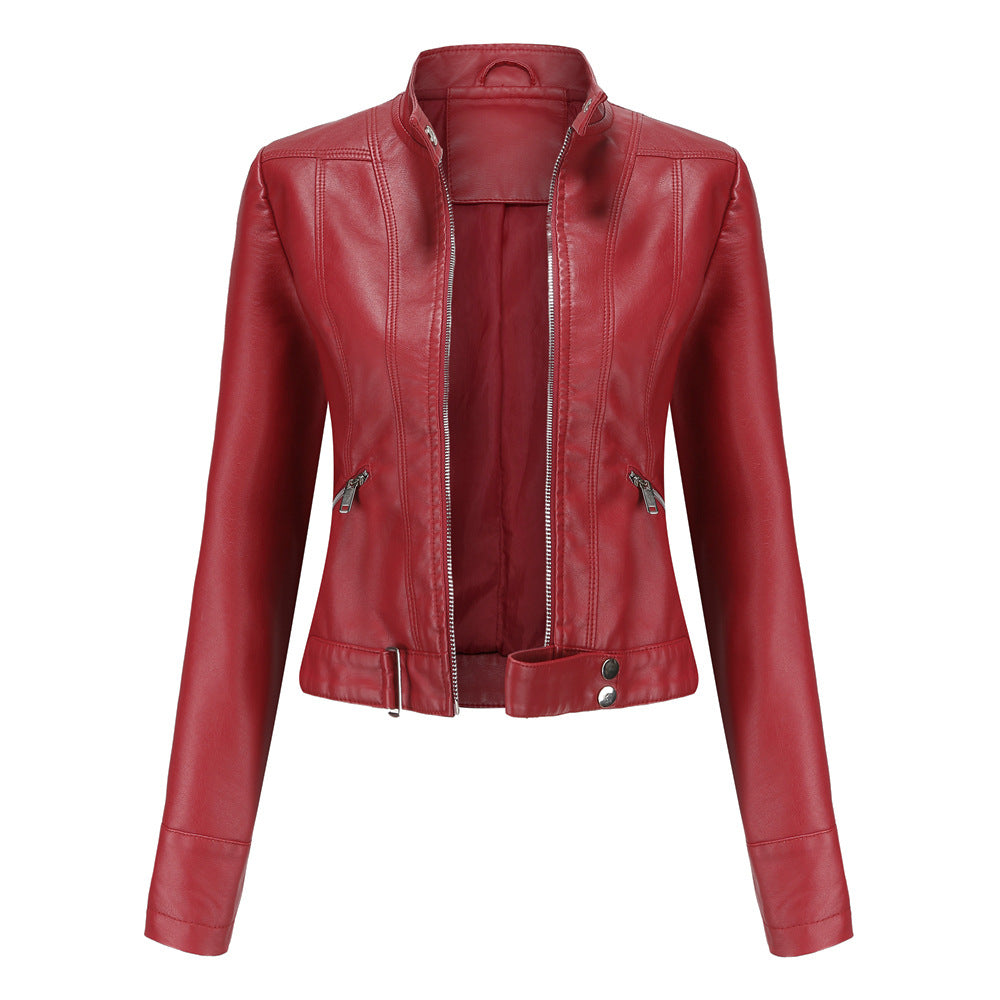 Women's Cropped Faux Leather Moto Jacket Stand Collar
