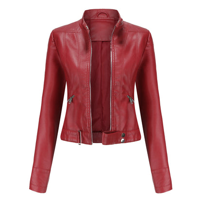 Women's Cropped Faux Leather Moto Jacket Stand Collar