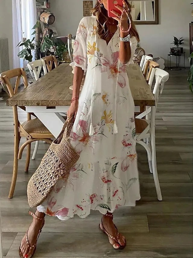 Women's Boho Floral V-Neck Tassel Maxi Dress Flowy