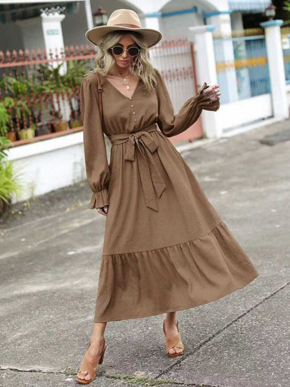 Women's Long Sleeve V Neck Button Up Tie Waist Midi Dress